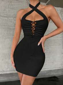 SHEIN Privé 前繫帶繞頸露背緊身連衣裙 - 黑色 - 查看 1