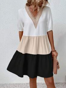 Breezaya Colorblock Contrast Lace Smock Dress - Multicolor - View 3