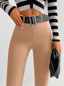 EURMUSE Button Detail Flare Leg Pants Without Belt - Camel - View 5