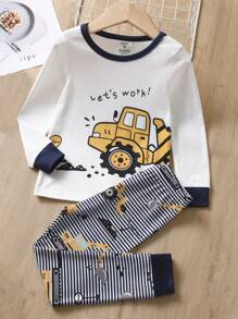 Young Boy Slogan & Excavator Print Contrast Binding Snug Fit PJ Set