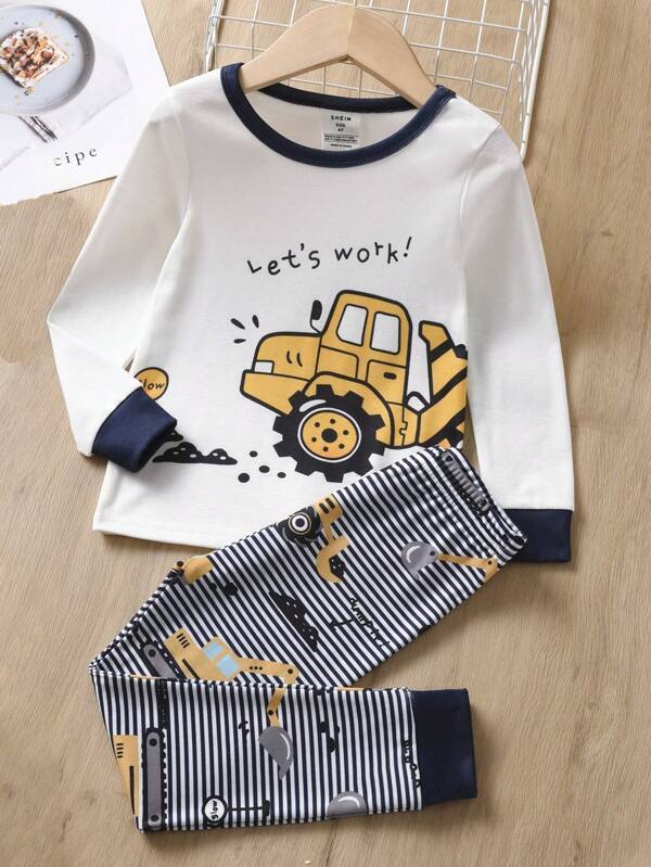 Young Boy Slogan & Excavator Print Contrast Binding Snug Fit PJ Set