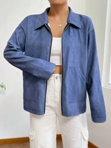 SHEIN Unity Women's Casual Everyday Commute Solid Color Suede Zip-Up Jacket, Autumn - Blue - View 4