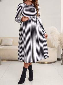 SHEIN Maternity Striped Print Dress - Black - View 3
