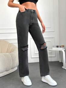 SHEIN Cottnline Ripped Straight Leg Jeans - Black - View 4