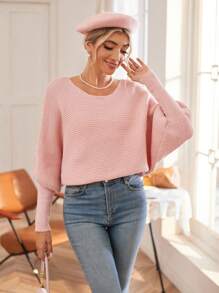 Aveloria 纯色蝙蝠袖针织套头衫，适合秋冬季穿着 - 粉色 - 查看 4