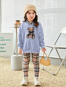 SHEIN Young Girl Bear Print Drop Shoulder Hoodie & Plaid Leggings - Blue - View 3