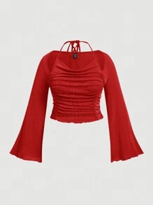 SHEIN MOD Plus Cà vạt xếp nếp hở lưng có tay áo Trumpet - Đỏ - Xem 1