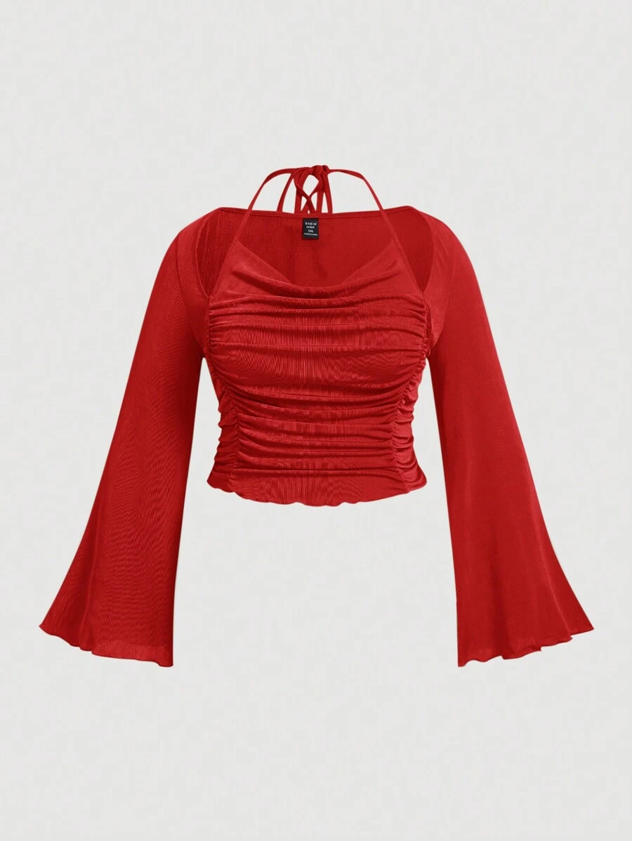 SHEIN MOD Plus Cà vạt xếp nếp hở lưng có tay áo Trumpet - Đỏ - Xem 1