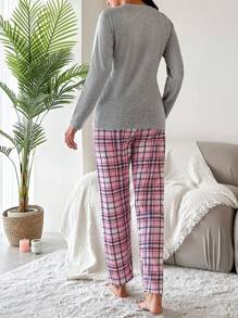 RueChic Cartoon & Slogan Graphic Tee & Plaid Pants PJ Set - Grey - View 2