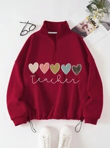 SHEIN EZwear Plus Heart & Letter Graphic Drawstring Hem Thermal Lined Sweatshirt - Burgundy - View 1
