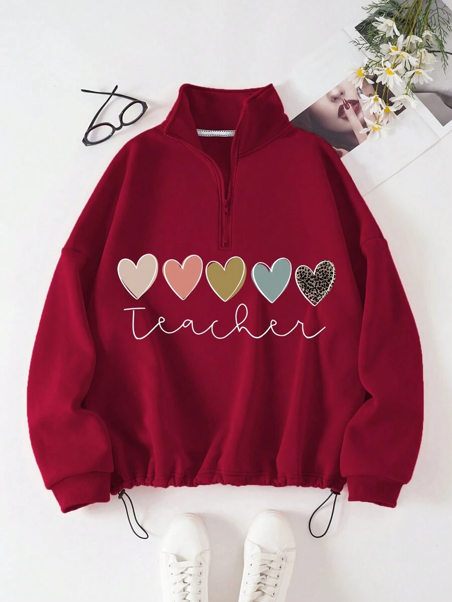 SHEIN EZwear Plus Heart & Letter Graphic Drawstring Hem Thermal Lined Sweatshirt - Burgundy - View 1
