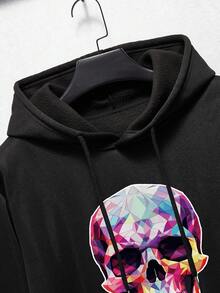 男士骷髅頭圖案袋鼠口袋抽繩加絨內裏連帽衫 - 黑色 - 查看 5