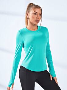 Easithlete 几何印花弧形下摆运动长袖 T 恤健身上衣健身背心