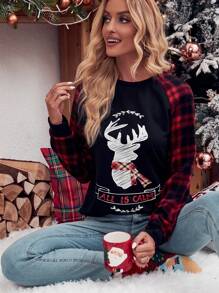 EMERY ROSE 聖誕麋鹿&格紋印花插肩袖運動衫