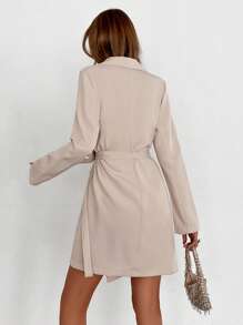 EURMUSE Lapel Neck Asymmetrical Hem Belted Dress - Camel - View 2