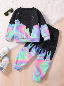 SHEIN Young Girl Marble and Galaxy Print Pullover & Sweatpants - Black - View 2