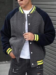 Manfinity Homme Loose Fit Men's Contrast Raglan Sleeve Striped Trim Teddy Bomber Jacket - Multicolor - View 4