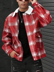 Manfinity Hypemode Loose Fit Men's Plaid Pattern Overcoat With Borg Collar And Flap Pockets - Red - View 3