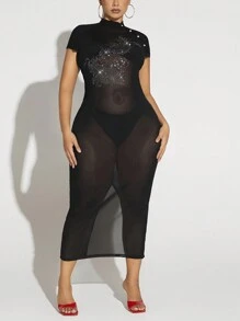 SHEIN SXY Kích thước lớn Của phụ nữ Mô hình rồng Lưới Viễn cảnh Nghệ Embellished Với Kim cương giả - màu đen - Xem 5