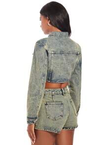 SHEIN BAE Flap Pocket Curved Hem Crop Denim Jacket - Blue - View 2
