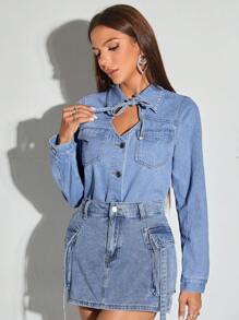 SHEIN BAE Tie Neck Flap Pocket Belted Denim Jacket - Blue - View 3