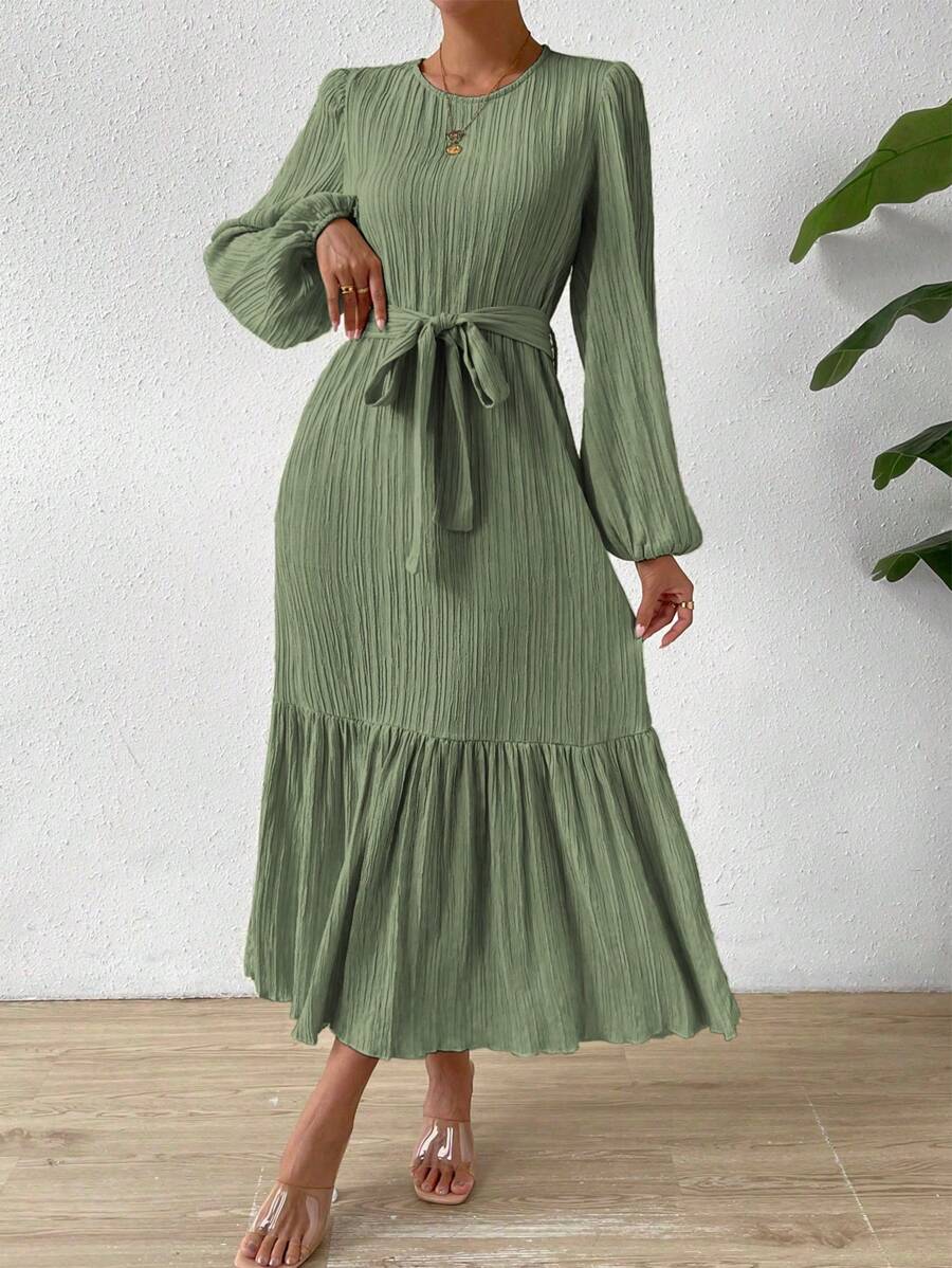 SHEIN LUNE 灯笼袖荷叶边下摆系带连衣裙 女式超长款 - 綠色 - 查看 1