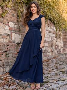 Ruffled Lace Bodycon Hem Evening Dress - Navy Blue - View 5