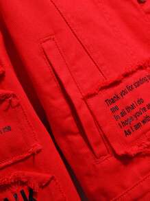 Manfinity Homme 男士长袖棉质标语印花翻盖口袋牛仔夹克（不含T恤），秋季款 - 紅色 - 查看 4