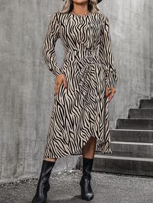 SHEIN Clasi Zebra Striped Print Twist Front Wrap Hem Dress - Black and White - View 5