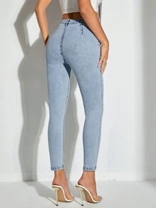 SHEIN BAE 高腰緊身九分牛仔褲 - 藍色 - 查看 3