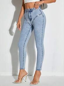 SHEIN BAE 高腰緊身九分牛仔褲 - 藍色 - 查看 5