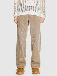 ROMWE MEN Grunge Punk 男士圖形印花直筒牛仔褲 - 棕色 - 查看 1