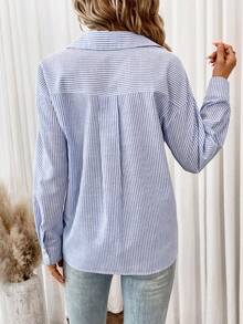 SHEIN Frenchy 條紋印花落肩襯衫 - 淺藍色 - 查看 2