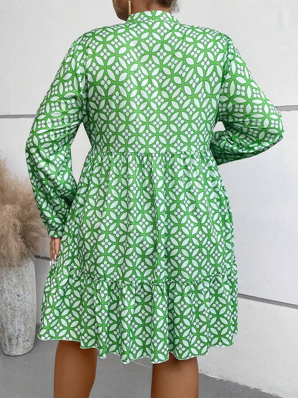 Plus Allover Print Tie Neck Ruffle Hem Smock Dress Fall Cloth For Women