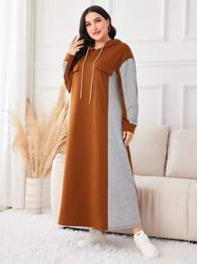 Mulvari Plus Colorblock Flap Detail Drawstring Hooded Sweatshirt Dress Graduation,Back To School Outfits,Graduation,Teacher Outfits For Women,Back To School Pullover Fall Outfit Winter Autumn - Multicolor - View 4