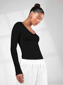 SHEIN BASICS 素色V領T恤 - 黑色 - 查看 4