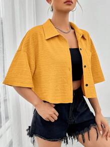 SHEIN EZwear Camisa de hombros caídos con parche de bolsillo - Amarillo - Ver 5