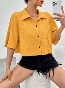SHEIN EZwear Camisa de hombros caídos con parche de bolsillo - Amarillo - Ver 6
