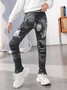 少女水染褶皺分裂裤 - 灰色 - 查看 6