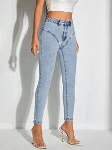 SHEIN BAE 高腰緊身九分牛仔褲 - 藍色 - 查看 2