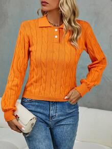 SHEIN Clasi Polo Neck Cable Knit Pullover Fall Winter Sweater - Orange - View 1