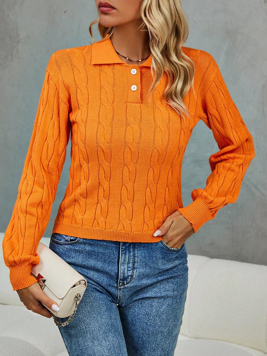SHEIN Clasi Polo Neck Cable Knit Pullover Fall Winter Sweater - Orange - View 1