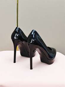 女式高跟鞋，黑色通勤風格漆皮防水台高跟鞋，時尚晚會鞋 - 黑色 - 查看 3