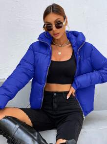 SHEIN Essnce Women's Plain Color Zip Collar Hooded Padded Casual Jacket, Winter - Royal Blue - View 1