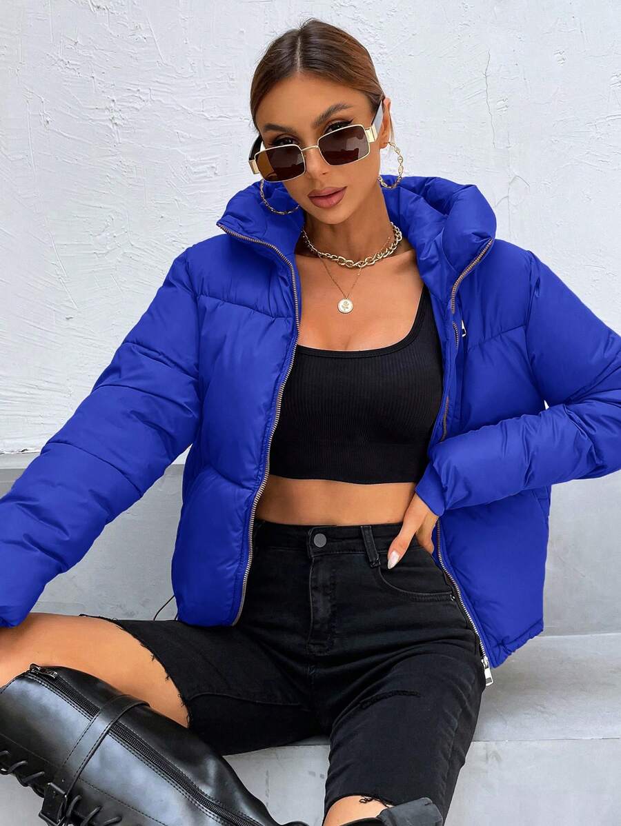 SHEIN Essnce Women's Plain Color Zip Collar Hooded Padded Casual Jacket, Winter - Royal Blue - View 1