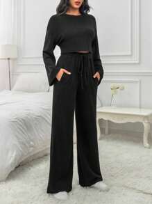 SHEIN EZwear Áo thun trễ vai & quần ống rộng eo dây rút - màu đen - Xem 5