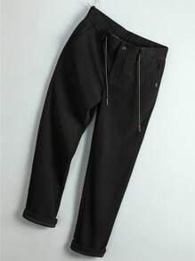 Men Drawstring Waist Straight Leg Pants - Black - View 1