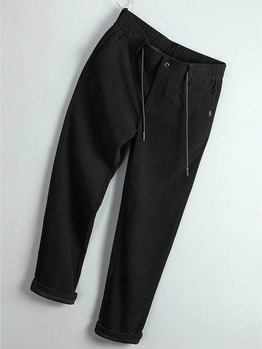 Men Drawstring Waist Straight Leg Pants - Black - View 1