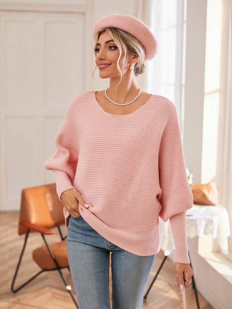 Solid Batwing Sleeve Knit Pullover Fall Winter Sweater