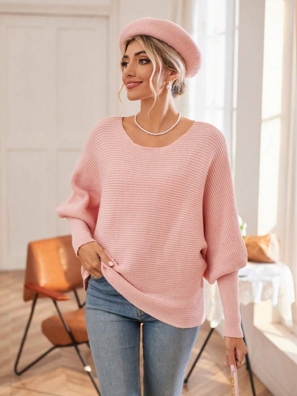 Solid Batwing Sleeve Knit Pullover Fall Winter Sweater